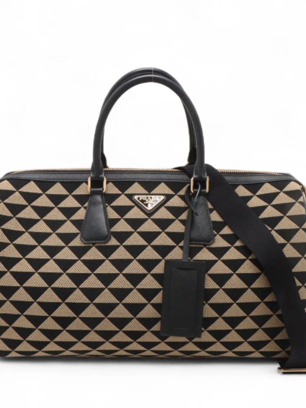 Prada Embroidery Fabric x Leather Two-Way Boston Bag Beige x Black